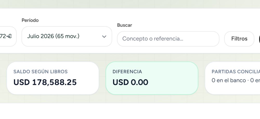 Pantalla de conciliación bancaria en Finentry, con el saldo según banco y según libros cuadrados, la diferencia en cero y ninguna partida conciliatoria pendiente.