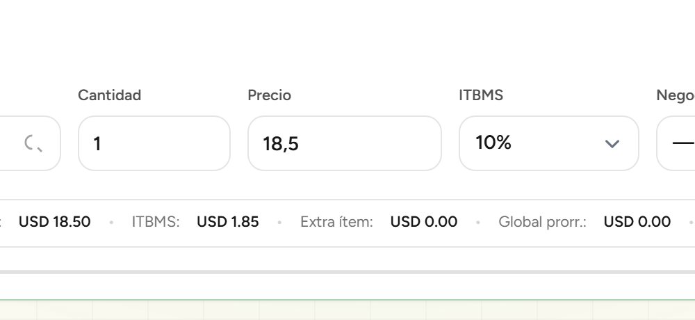 Línea de una factura en Finentry con el ITBMS puesto en 10% y el impuesto ya calculado sobre la base de la línea.
