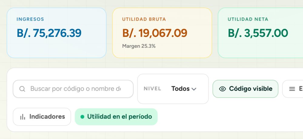 Estado de resultados en Finentry, con los indicadores de ingresos, utilidad bruta y utilidad neta del mes en balboas, y el margen sobre la utilidad bruta.