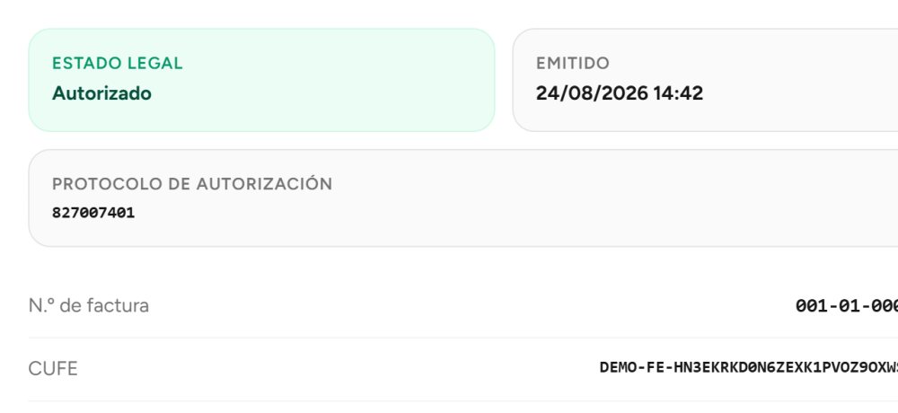 Pestaña del documento electrónico ante la DGI en Finentry, con el estado legal autorizado, la fecha de emisión y el protocolo de autorización de la factura.